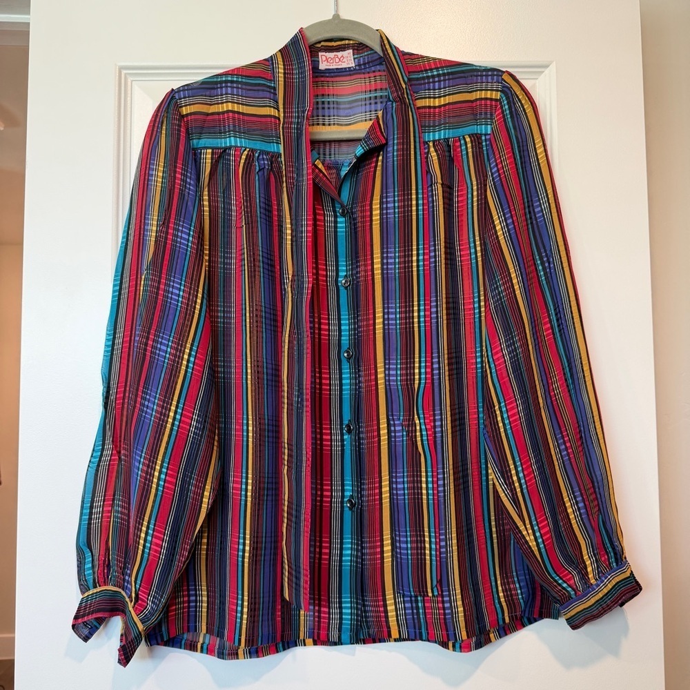 Vintage PierBe Women's Multicolor Striped Blouse Sheer Long Sleeves sz S